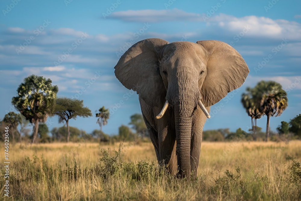 Fototapeta premium Majestic elephant standing proudly in a vibrant savannah landscape under a clear blue sky.