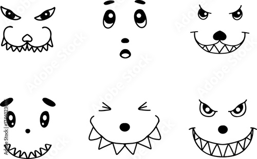Set of six cute and spooky monster face expressions in black and white line art style. Perfect for Halloween designs, stickers, tattoos, print-on-demand products, children’s books, party decorations.