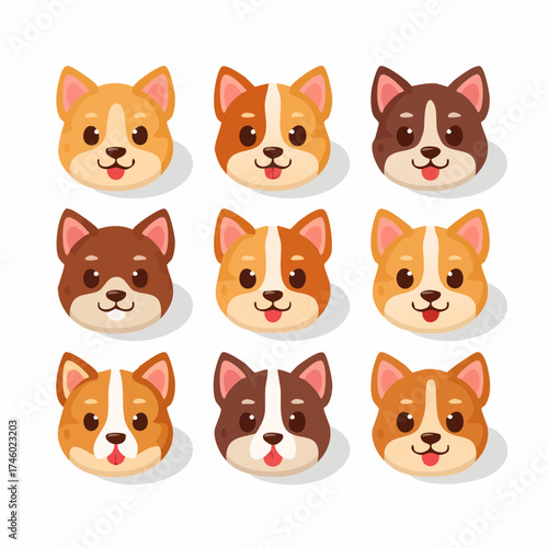 Nine cartoon corgi dog heads arranged in a grid, each with a slightly different color pattern and tongue sticking out.