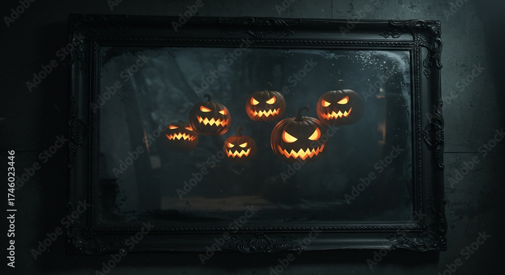 Obraz premium Eerie jack o'lanterns glow with menacing faces reflected in a dark, ornate mirror, perfect for spooky Halloween promotions