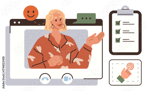 Woman engaging in virtual meeting with checklist, chat bubble, webcam icons, happy face, and interactive element. Ideal for communication, education, planning, teamwork remote work organization
