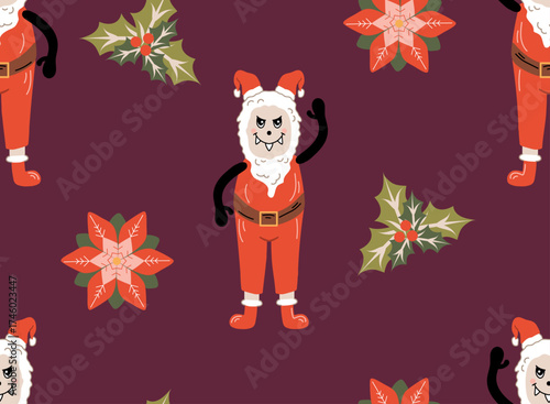 Seamless Pattern with Santa Christmas cute Monster with Holly, poinsettia at dark background. Perfect for wrapping paper, fabric, wallpaper, kids’ apparel, or holiday marketing