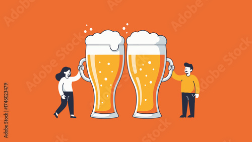 Playful Beer Cheers – Holding Oversized Frothy Glasses on Bright Orange Background