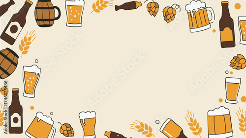 Beer-Themed Decorative Border – Cartoon Illustration of Mugs, Bottles, Barrels, Hops, and Wheat with Blank Center for Text