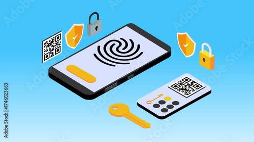 Digital security and cyber protection with biometric login, QR code, and passkey on a smartphone 3d animation cartoon