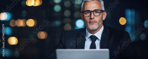 Corporate compliance officer with gray hair and glasses working late at night, focused and professional, city lights in background