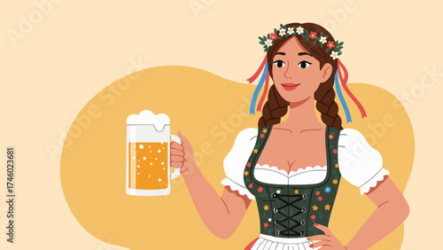 Oktoberfest Woman in Traditional Bavarian Dirndl Holding Beer – Festive Cartoon Illustration
