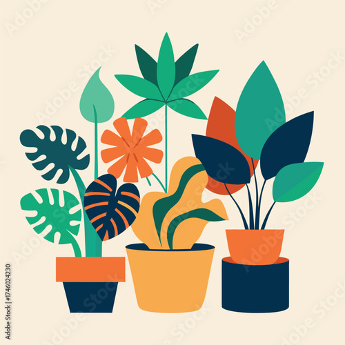 Assortment of Potted Houseplants in Geometric Pots