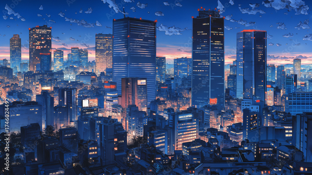 Obraz premium 懐かしさと近未来感が交錯する90年代レトロな都会の夜景、高層ビルとネオンライトが彩る摩天楼の手描き風アニメイラスト、静寂と光が織りなす幻想的な都市風景、アニメ背景素材