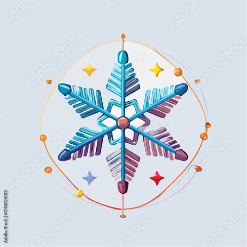 Stylized snowflake illustration with blue, purple, and gold accents, surrounded by a circular design and star shapes.