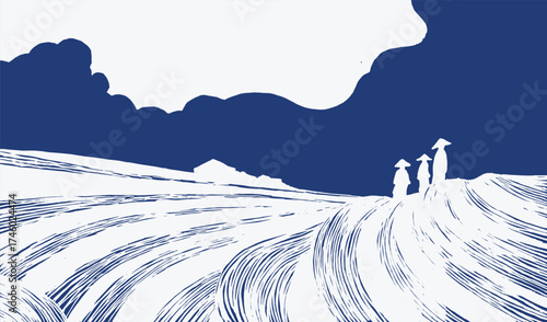 Hand drawn brush lines Japanese inspired rice field landscape with farmers in traditional hats. Minimalist indigo and white illustration showing curved lines, hills, and sky.