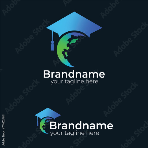 Global Education and Graduation Logo: World Map with Mortarboard Cap Symbolizing International Learning and Academic Success Vector Design