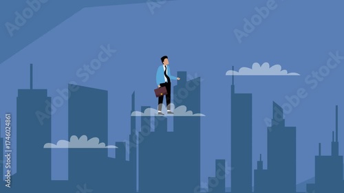Wallpaper Mural Career Jump: A Businessman Jumps from Building to Building in a City Skyline, Symbolizing the Pursuit of Career Goals and the Drive to Succeed cartoon animation Torontodigital.ca