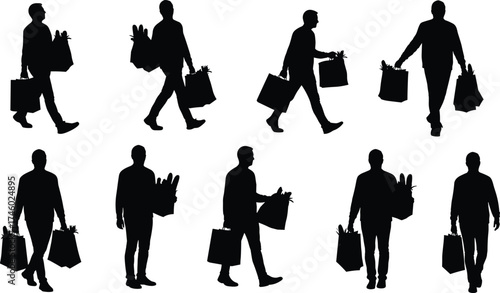 Man silhouette walking with shopping bags, grocery purchase illustration, consumer lifestyle concept, retail market vector design for e-commerce and business.