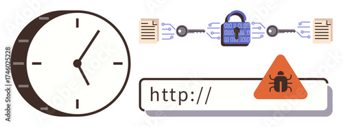 Clock symbolizing time management, padlock with encrypted data transfer, and malware alert in a URL bar. Ideal for cybersecurity, data protection, internet safety, risk awareness, encryption, IT