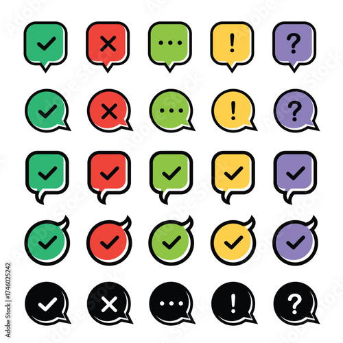 Icon set of check mark, information icon, chat, cross, question mark, exclamation point, FAQ sign. Tick, question, information and answers mark.