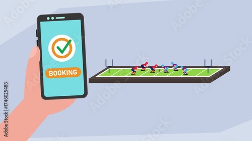 Mobile Sports Betting or Online Booking, A Man Holding a Smartphone with a Football Field and Players cartoon animation