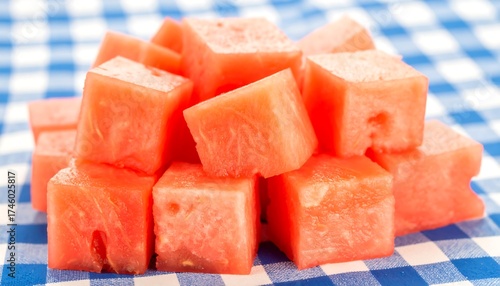 Cubed watermelon on a checkered tablecloth