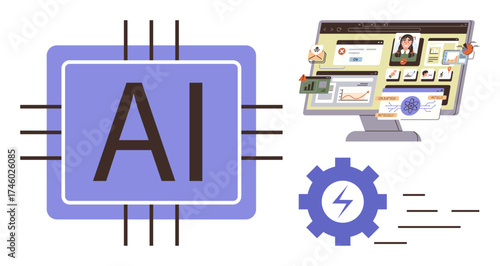 AI chip, graphs, user interface, automation gear. Ideal for technology, innovation, AI concepts, software machine learning automation digital transformation. Simple flat metaphor