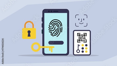 Mobile Security and Multi-Factor Authentication: Fingerprint, Face ID, QR Code, and Lock System cartoon animation