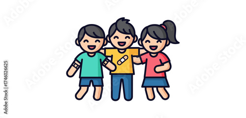 Three friends hugging embracing friendship and support showing unity and togetherness perfect for illustrating social connection and teamwork.