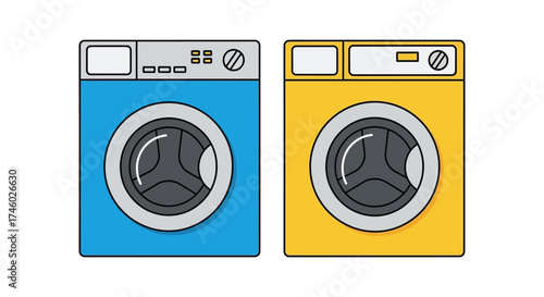 two washing machines laundry appliances for cleaning clothes at home illustrating convenience and household chores in a modern laundry room.