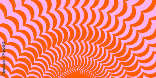 Optical illusion background. Red and pink abstract distorted wavy lines surface. Radial waves poster design. Trippy sunburst illusion wallpaper. Vector spinning hypnotic illustration.eps 10