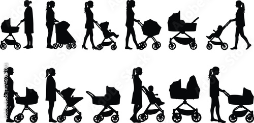 Mother with baby stroller silhouettes, woman walking with pram, parent and child illustration, motherhood concept, family care vector design, parenting art