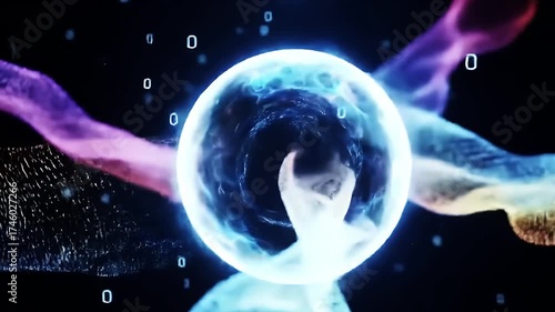 Glowing Digital Core with Binary Data Flow and Abstract Neural Connections