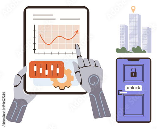Robotic hands interacting with data chart and control panel, showcasing growth trends. Nearby is a smart lock and modern city. Ideal for automation, AI, robotics, security, IoT, urban tech