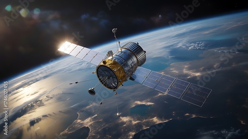 A damaged satellite orbits the earth with debris floating in space near the planet