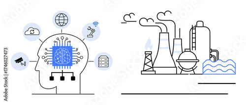 Human head outline with AI chip connects to cloud, robotics, data storage. Industrial factory emits smoke. Ideal for technology, innovation, automation, manufacturing, AI connectivity simple flat
