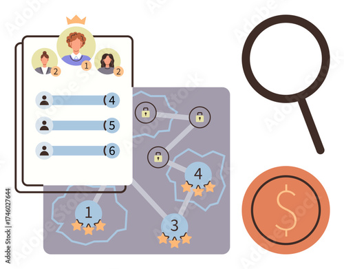 Leaderboard with user avatars and ratings, network connections with locked nodes, magnifying glass, dollar coin. Ideal for ranking, teamwork, competition, analysis, networking finance strategy