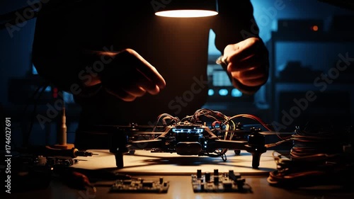 Engineer Working on Drone Circuitry with Exposed Wires at Workshop Desk