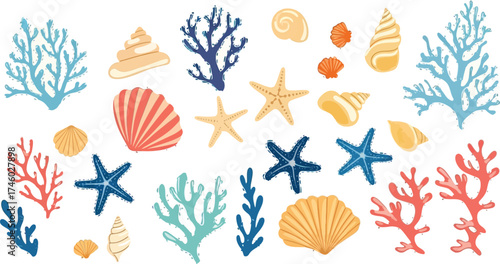 Vibrant ocean treasures, starfish, coral, and shells create a summery, coastal design for invitations, stationery, or nautical-themed decor projects