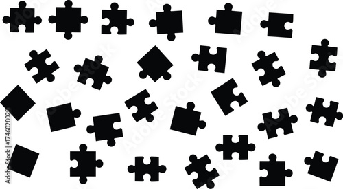 Creative scattered puzzle pieces convey problem solving, collaboration, and strategic thinking for business presentations and innovative design projects