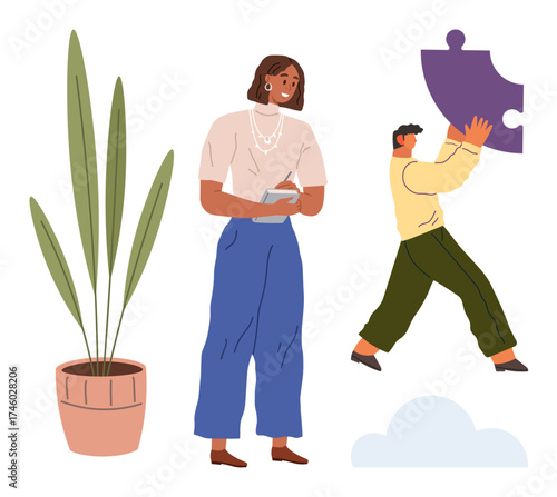 Woman writing notes beside a plant and man lifting a puzzle piece, emphasizing teamwork, planning, growth, problem-solving, creativity, organization, reflection, and simple flat metaphor