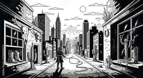 Bold cowboy stands tall on city street, bringing wild west flair to urban landscape with cacti, skulls, and modern architecture artfully combined