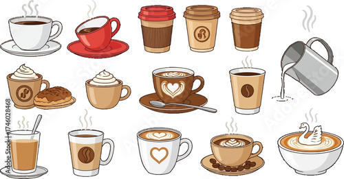 Enjoy aromatic coffee creations like latte art and cappuccino in stylish mugs, perfect for a cozy cafe vibe or delicious breakfast treat
