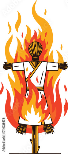 A pixelated scarecrow stands engulfed in vibrant, orange flames, 