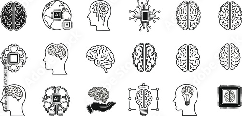 Explore innovative AI concepts with these bold line art brain icons, perfect for technology startups and cutting-edge research presentations and websites