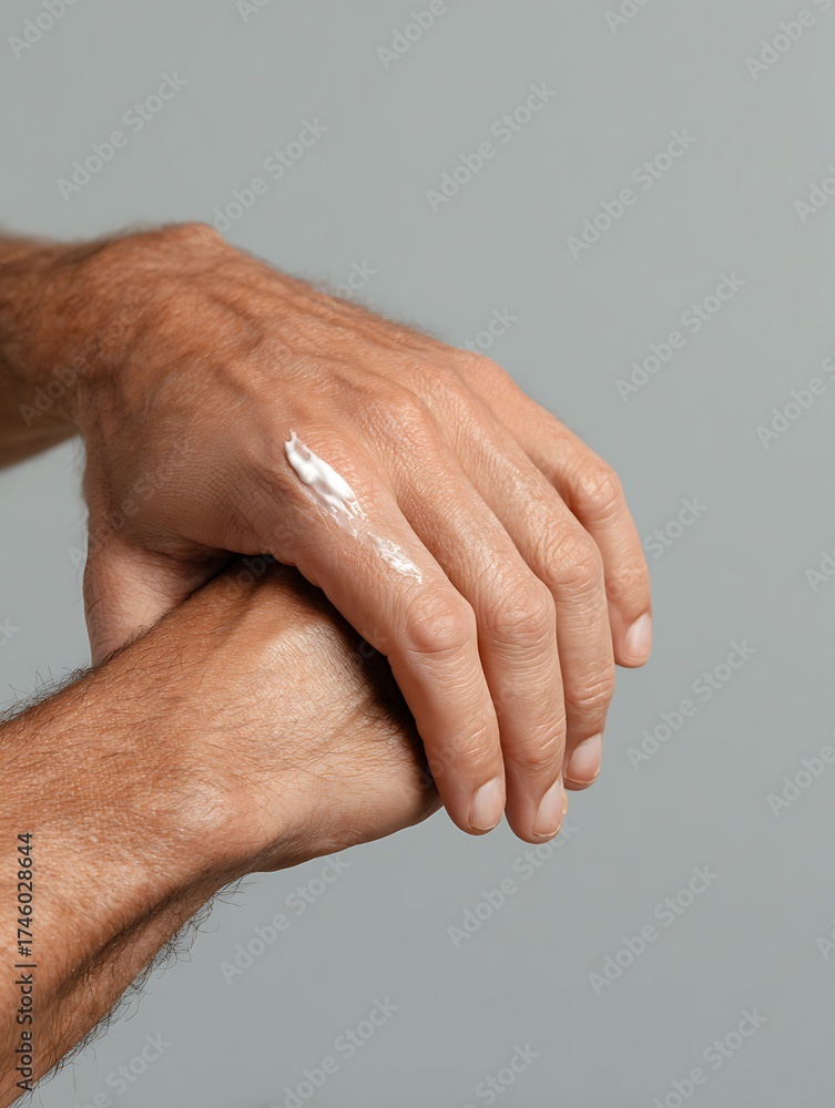 Fototapeta premium A man's hand applies cream to the back of his hand, symbolizing the care of his skin.