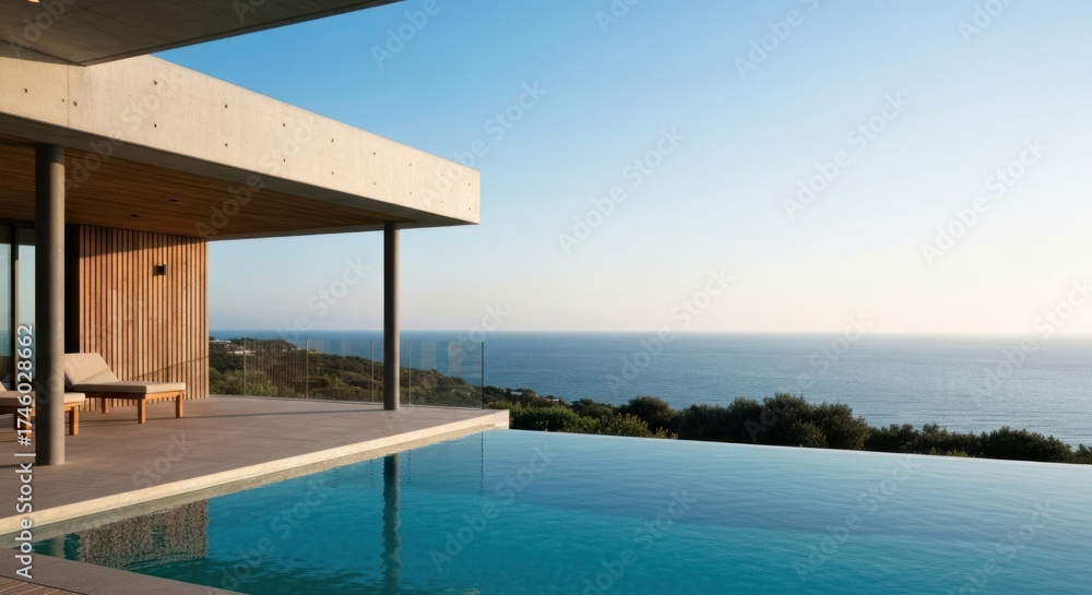 Fototapeta premium Modern oceanside house featuring an infinity pool, patio, wood paneling, and stunning horizon