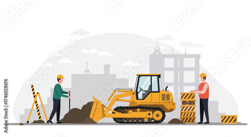 Construction workers and bulldozer operating on a building site