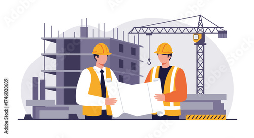Construction engineer and worker discussing project blueprints on a building site with a crane.