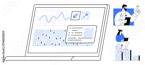 Laptop displaying charts, graphs, and analytical tools alongside medical professionals. Ideal for research, analytics, healthcare, technology, innovation collaboration and decision-making. Simple