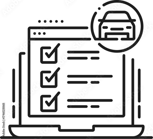 Driving school icon, drive training test or exam for driver license, vector pictogram. Driving school line icon for vehicle drive training and car driver education with examination test on computer