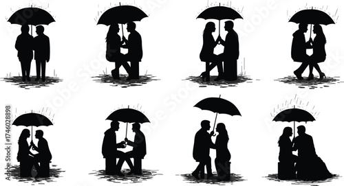 Romantic couple silhouette under umbrella in rain, love relationship illustration, man and woman sitting together, rainy affection concept art.Romantic couple 