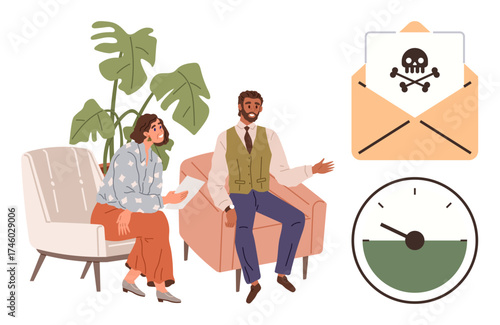 Two colleagues discuss concerns under a plant backdrop. Nearby are a danger-filled email icon and a risk gauge. Ideal for cybersecurity, teamwork, workplace safety, online fraud, risk management