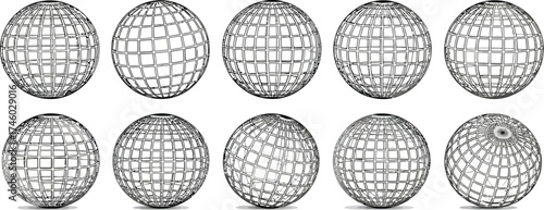 Ten wireframe globe designs on white background offer a modern aesthetic for global business, technology, or design projects with clean presentation